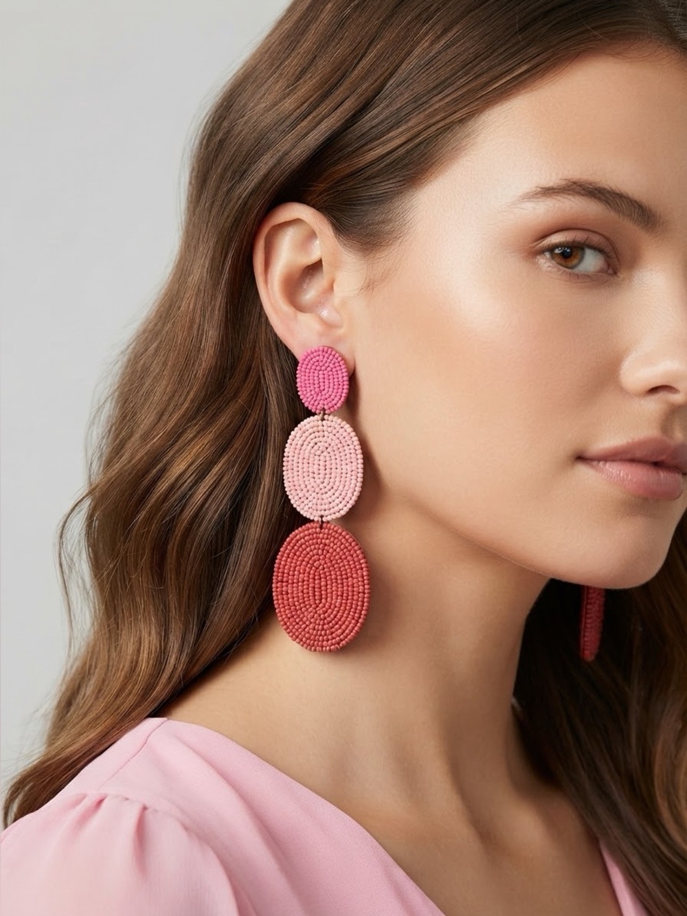 Ombre Seed Bead Statement Earrings | Pink & Red Triple Tier Circle Dangles